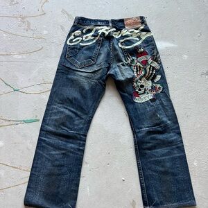 Ed Hardy Dark Blue Men's Jeans with Embroidery